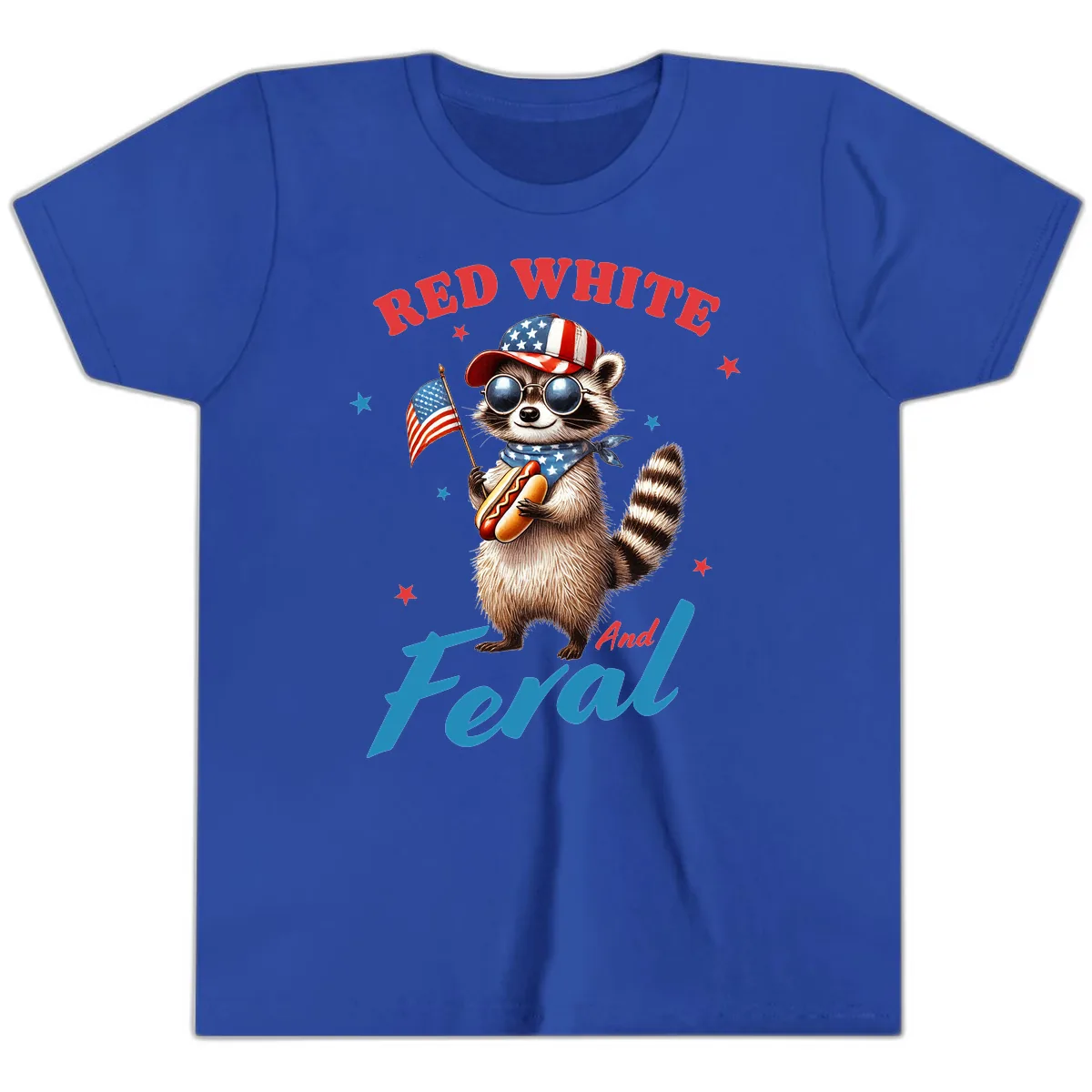 Red White And Feral Patriotic Raccoon Youth T-Shirt in True Royal