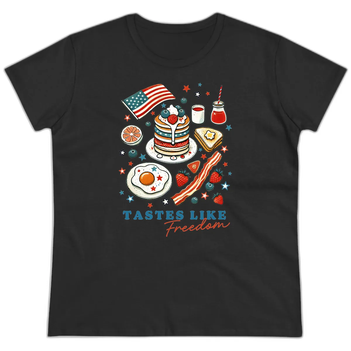 Patriotic Breakfast Tastes Like Freedom Ladies Tee in Black