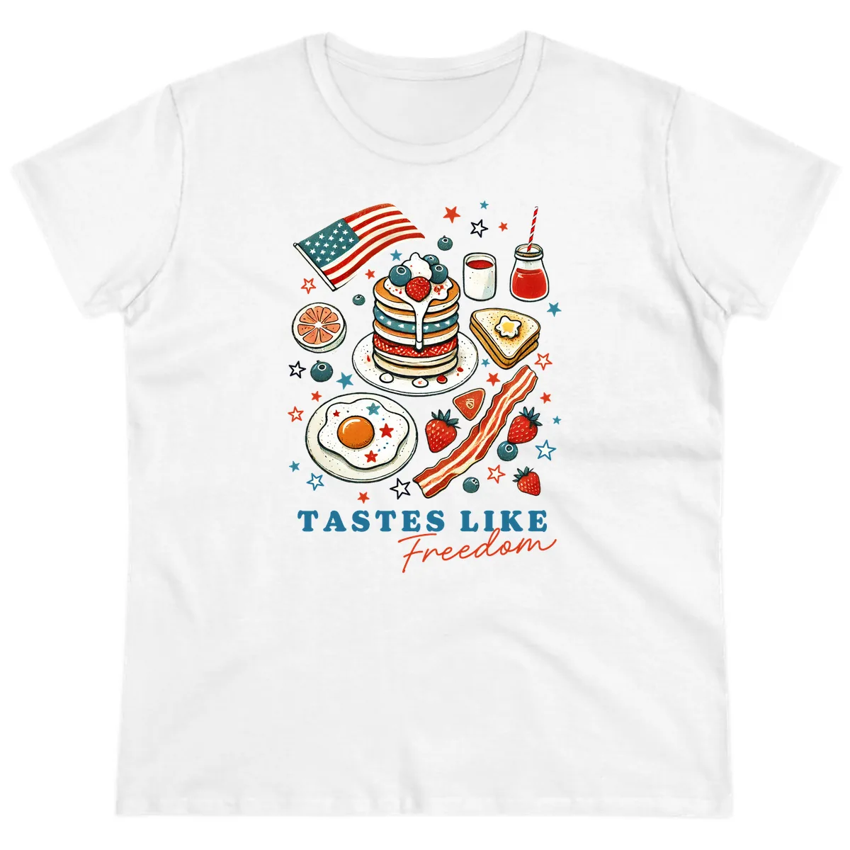 Patriotic Breakfast Tastes Like Freedom Ladies Tee in White