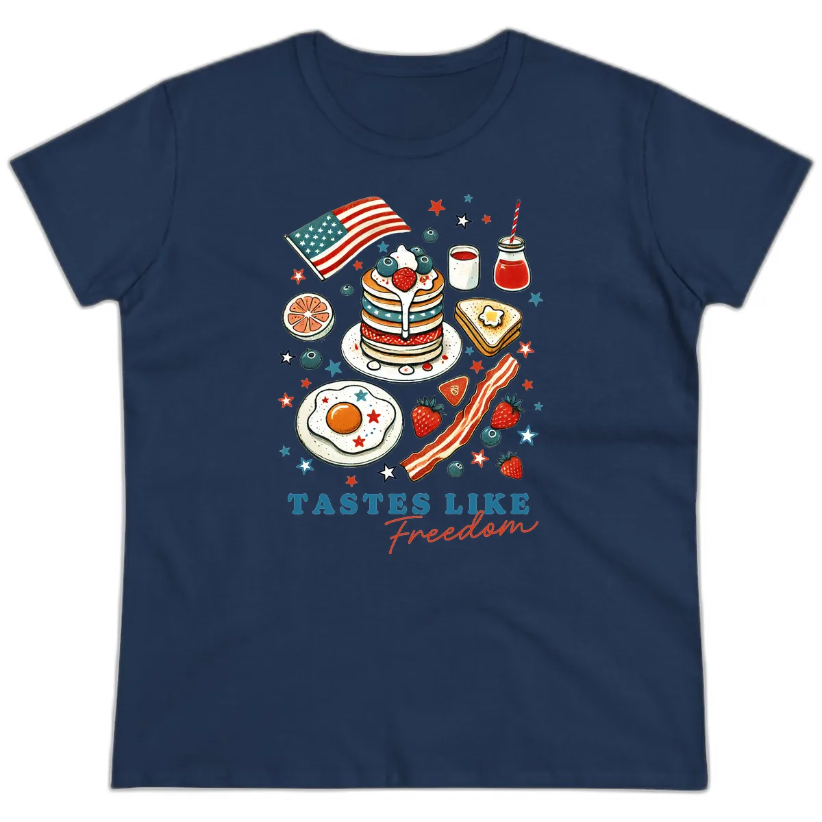 Patriotic Breakfast Tastes Like Freedom Ladies Tee in Navy