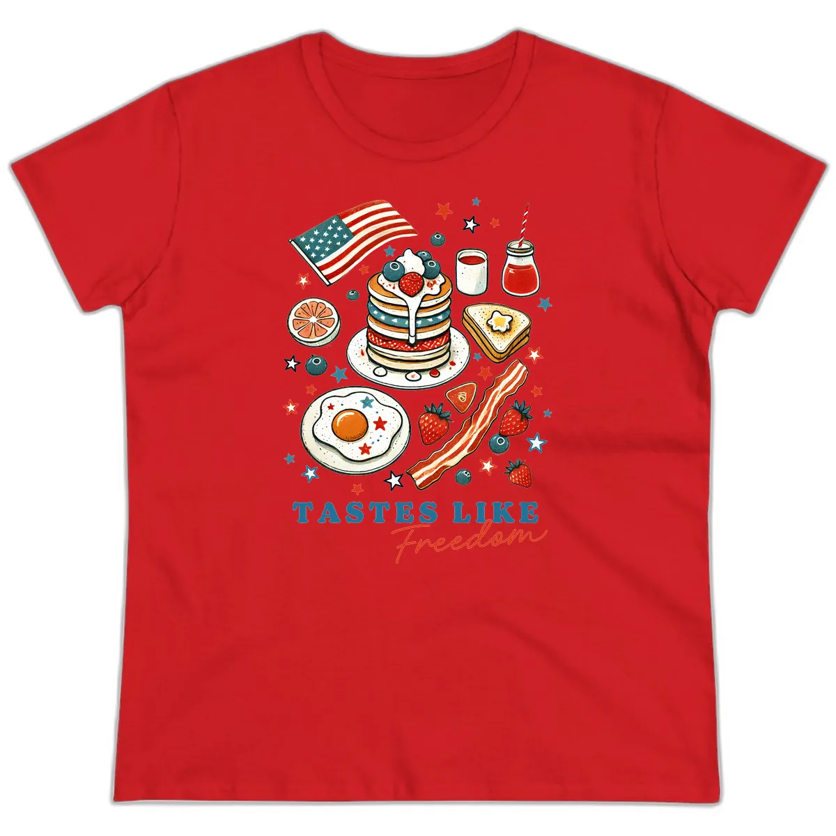 Patriotic Breakfast Tastes Like Freedom Ladies Tee in Red