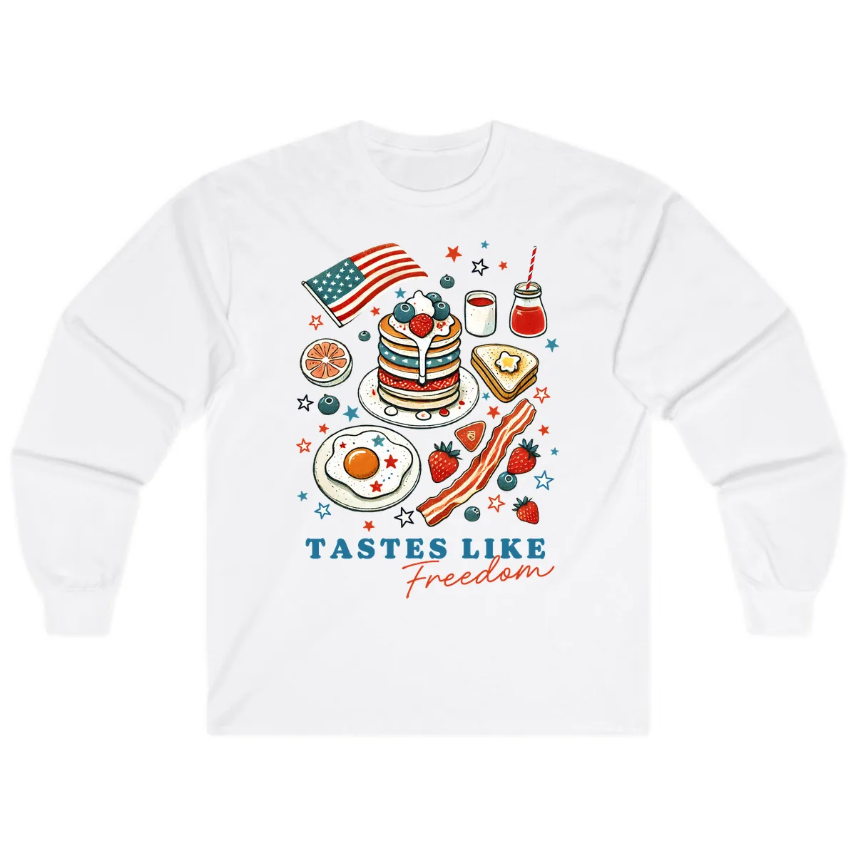 Patriotic Breakfast Tastes Like Freedom Long Sleeve in White