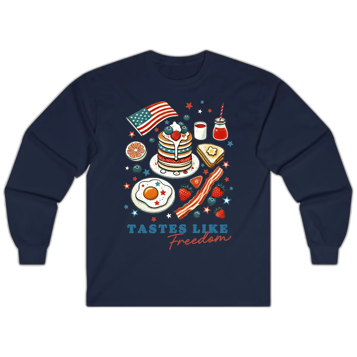 Patriotic Breakfast Tastes Like Freedom Long Sleeve in Navy