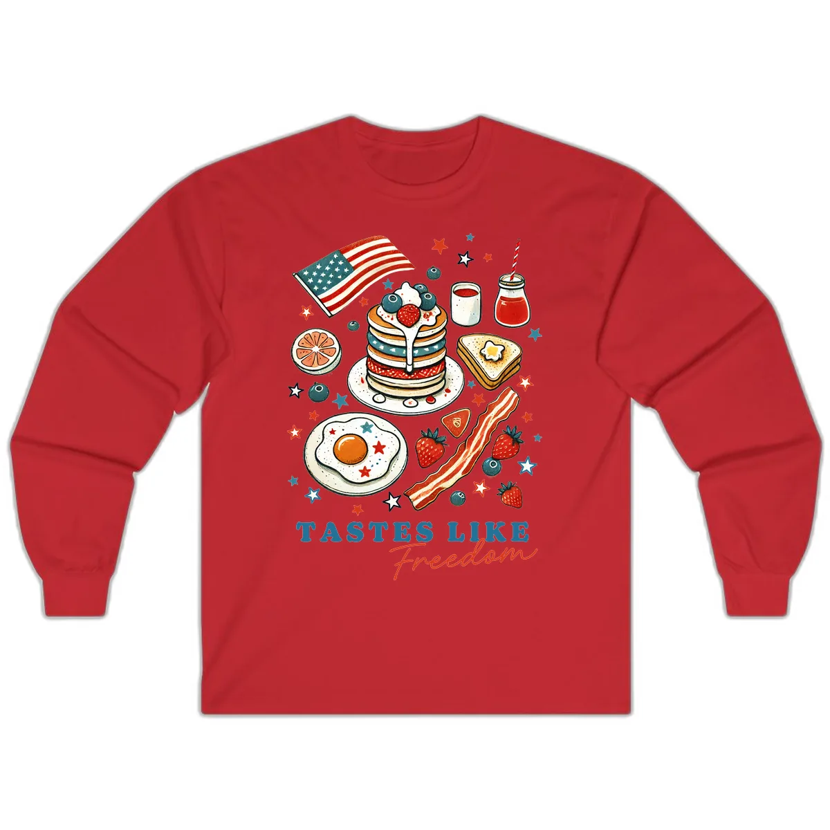 Patriotic Breakfast Tastes Like Freedom Long Sleeve in Red