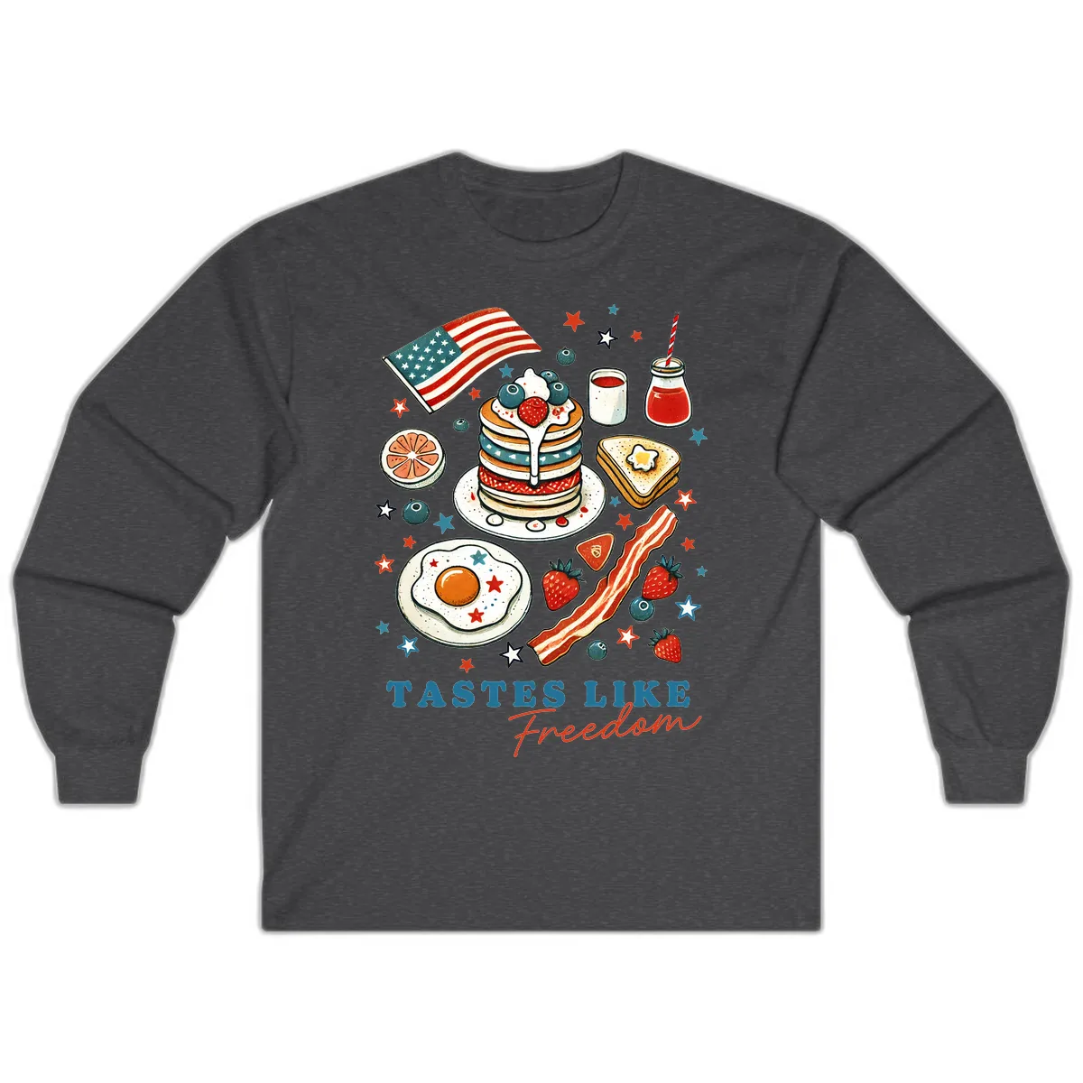 Patriotic Breakfast Tastes Like Freedom Long Sleeve in Dark Heather