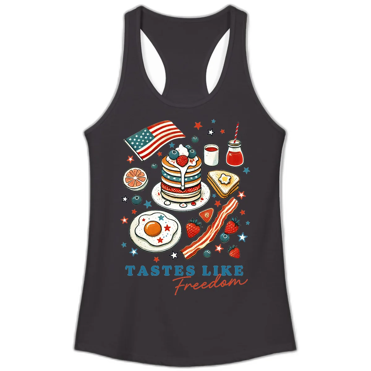 Patriotic Breakfast Tastes Like Freedom Ladies Tank in Black