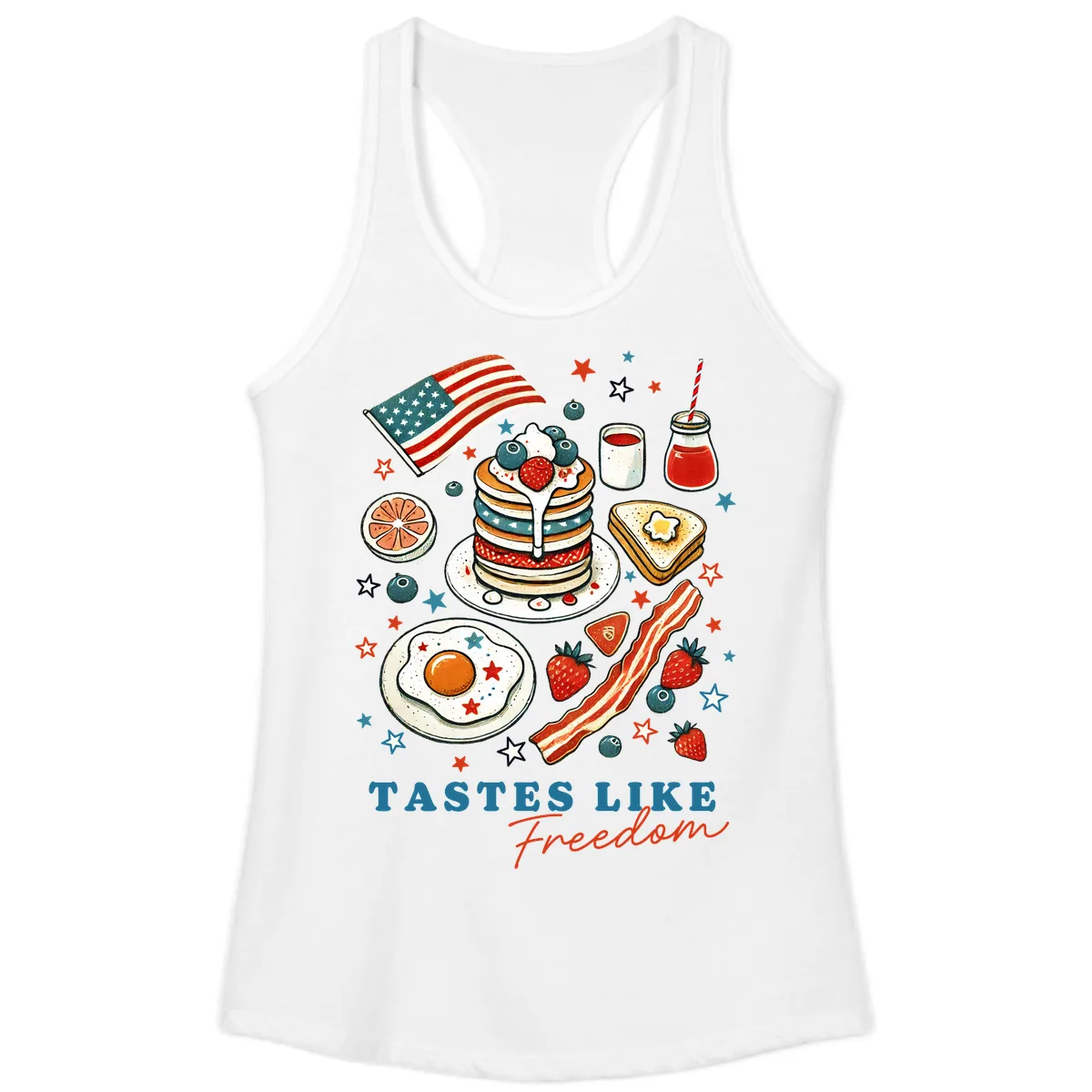 Patriotic Breakfast Tastes Like Freedom Ladies Tank in White