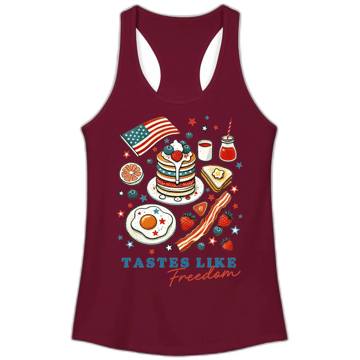 Patriotic Breakfast Tastes Like Freedom Ladies Tank in Solid Cardinal Red