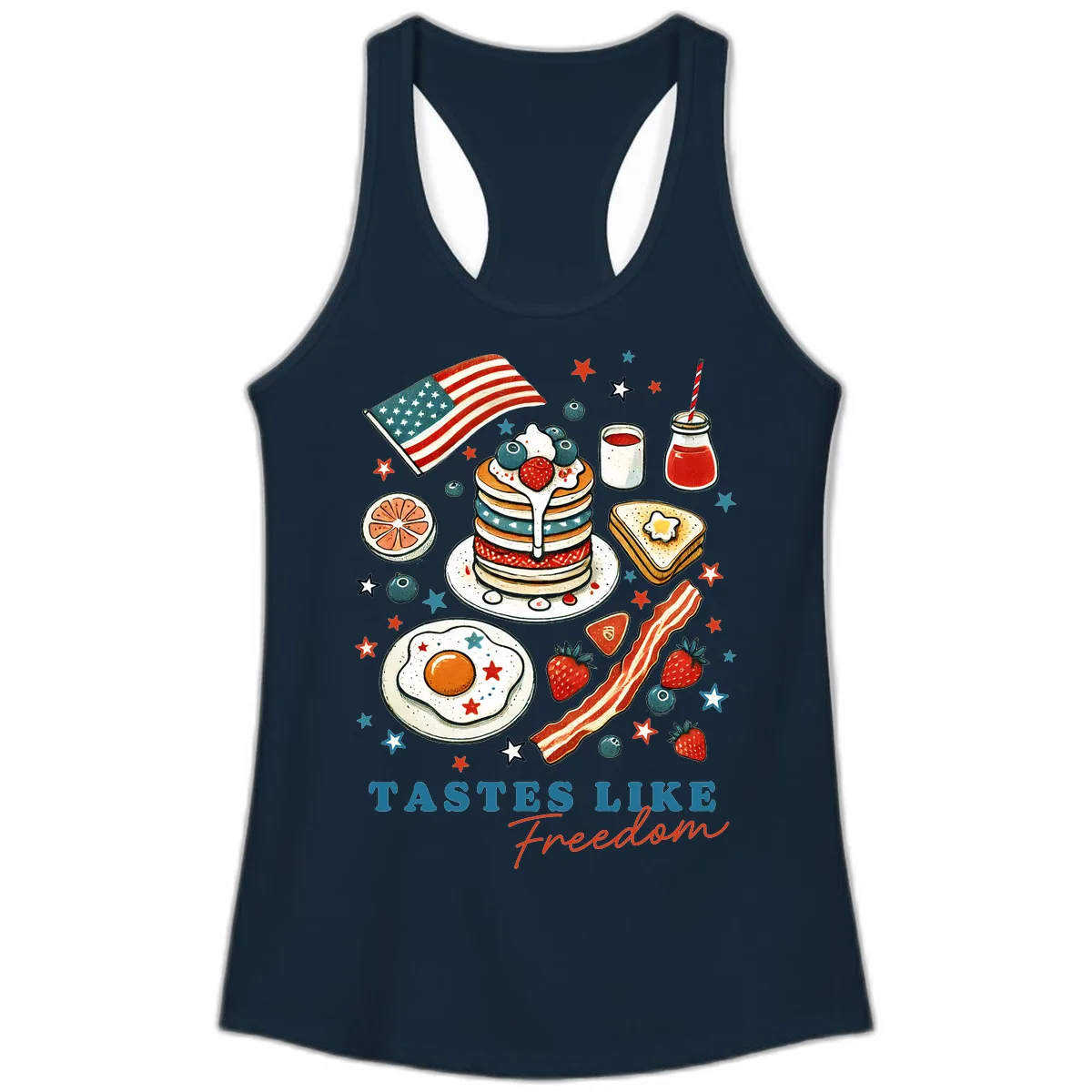 Patriotic Breakfast Tastes Like Freedom Ladies Tank in Solid Midnight Navy