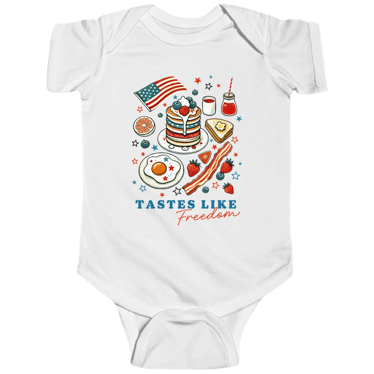 Patriotic Breakfast Tastes Like Freedom Baby Onesie in White