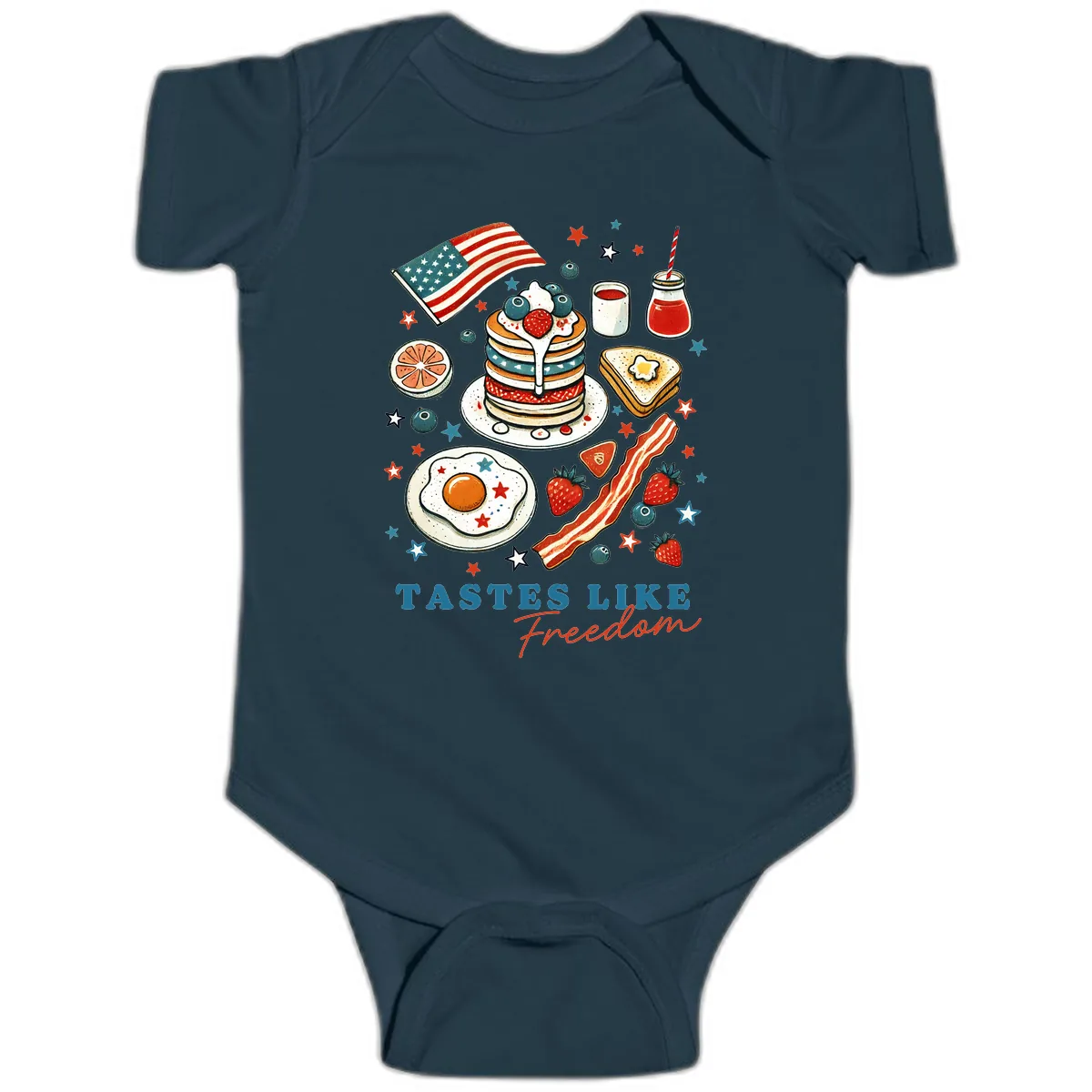 Patriotic Breakfast Tastes Like Freedom Baby Onesie in Navy