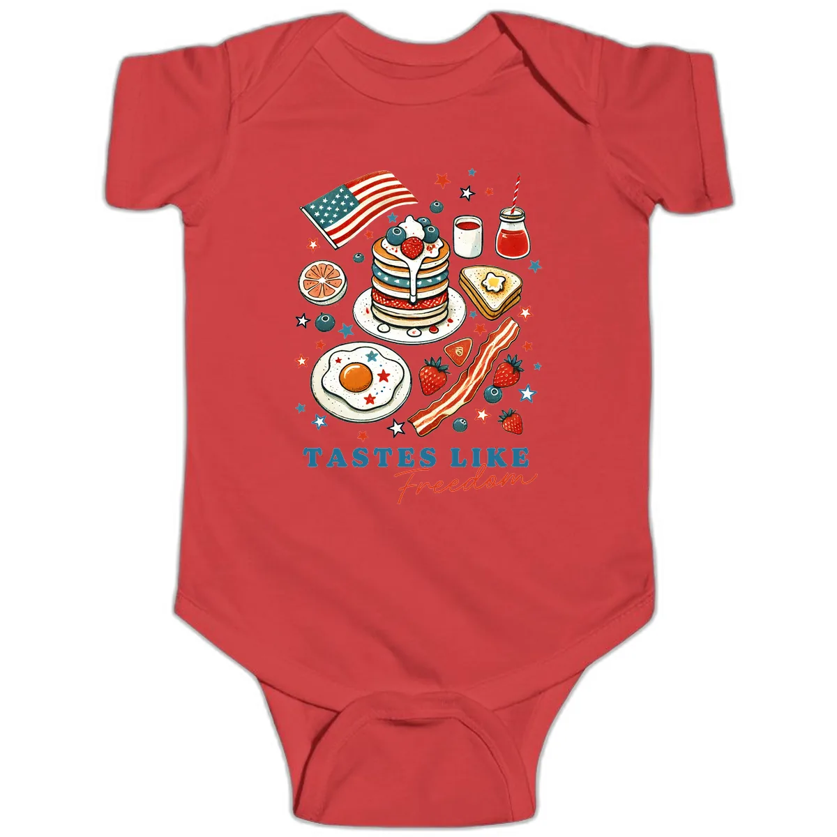 Patriotic Breakfast Tastes Like Freedom Baby Onesie in Red