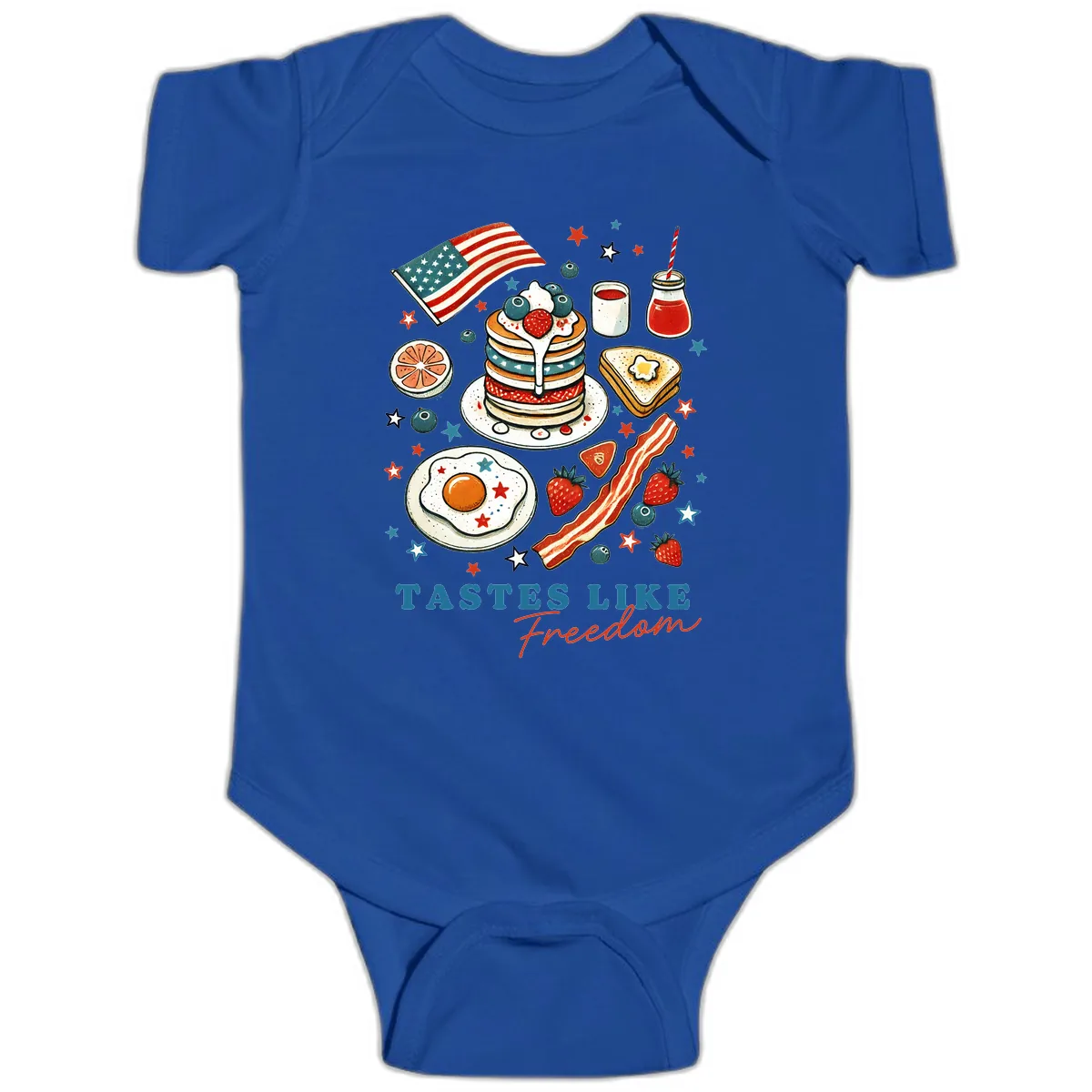 Patriotic Breakfast Tastes Like Freedom Baby Onesie in Royal