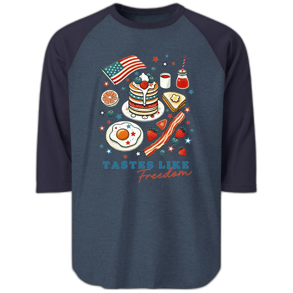 Patriotic Breakfast Tastes Like Freedom Raglan 3/4 in Heather Denim Navy