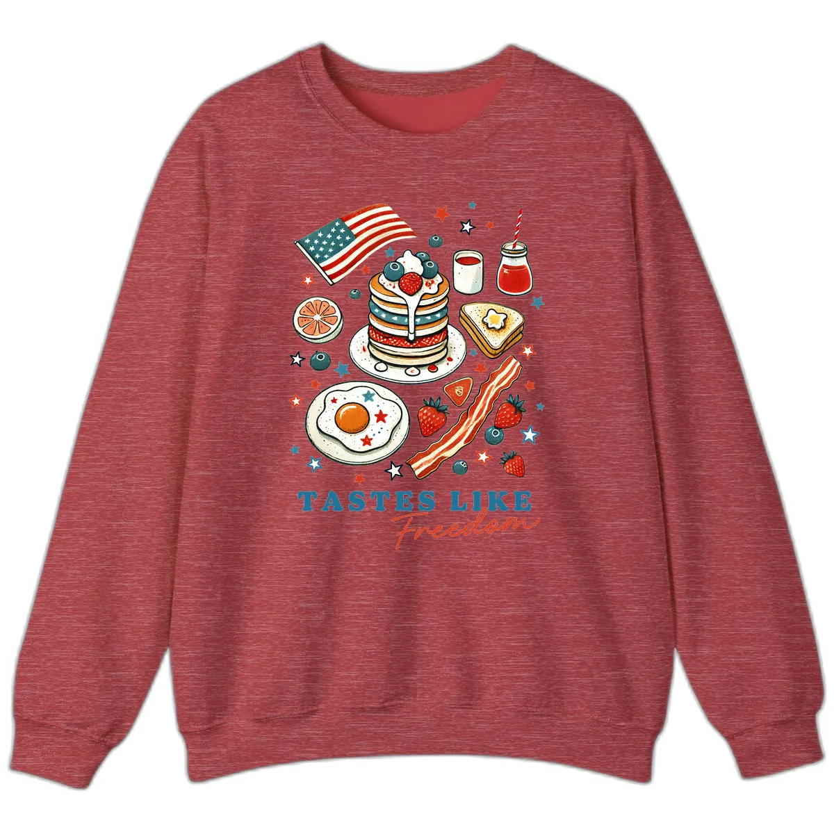 Patriotic Breakfast Tastes Like Freedom Sweatshirt in Heather Scarlet Red