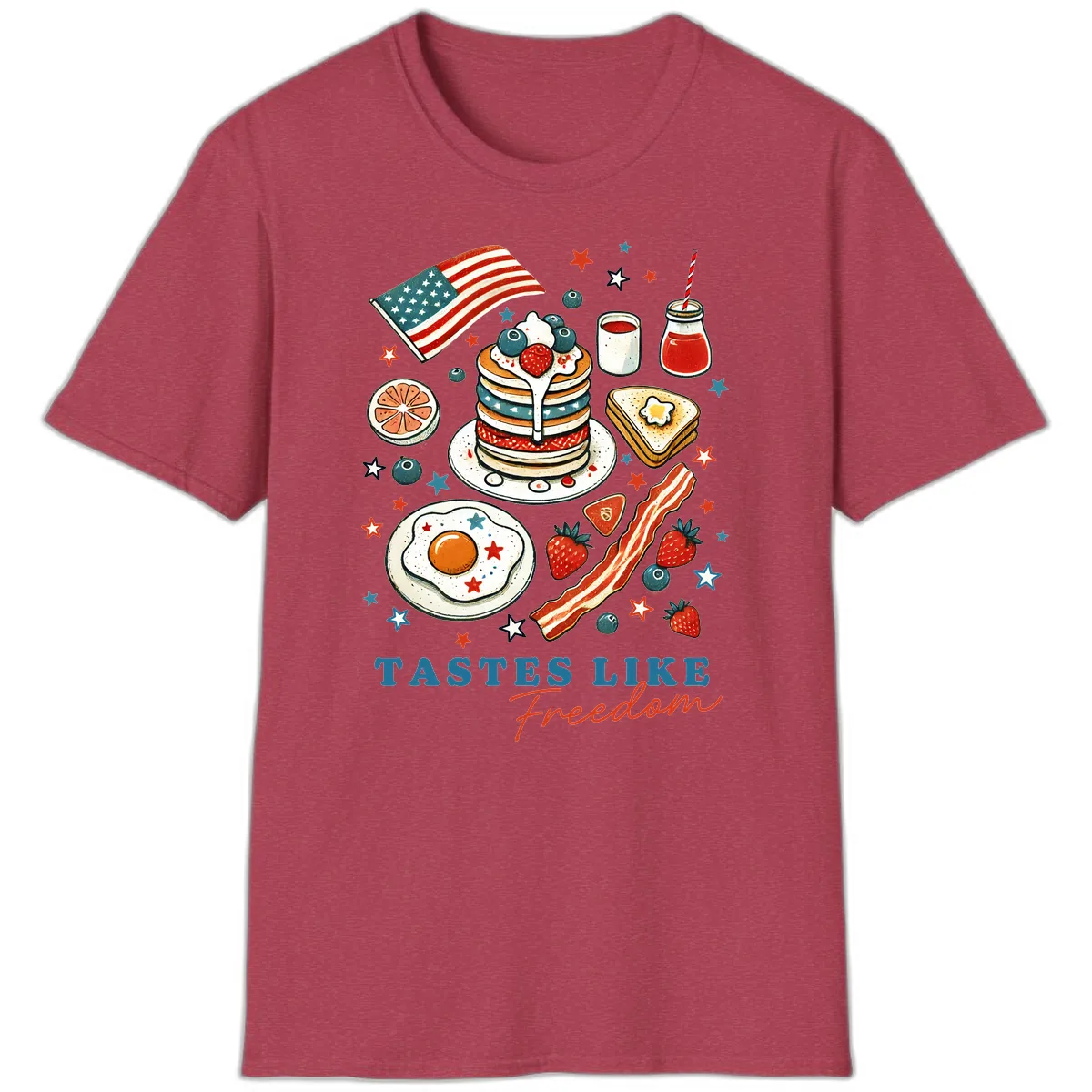 Patriotic Breakfast Tastes Like Freedom T-Shirt in Heather Cardinal
