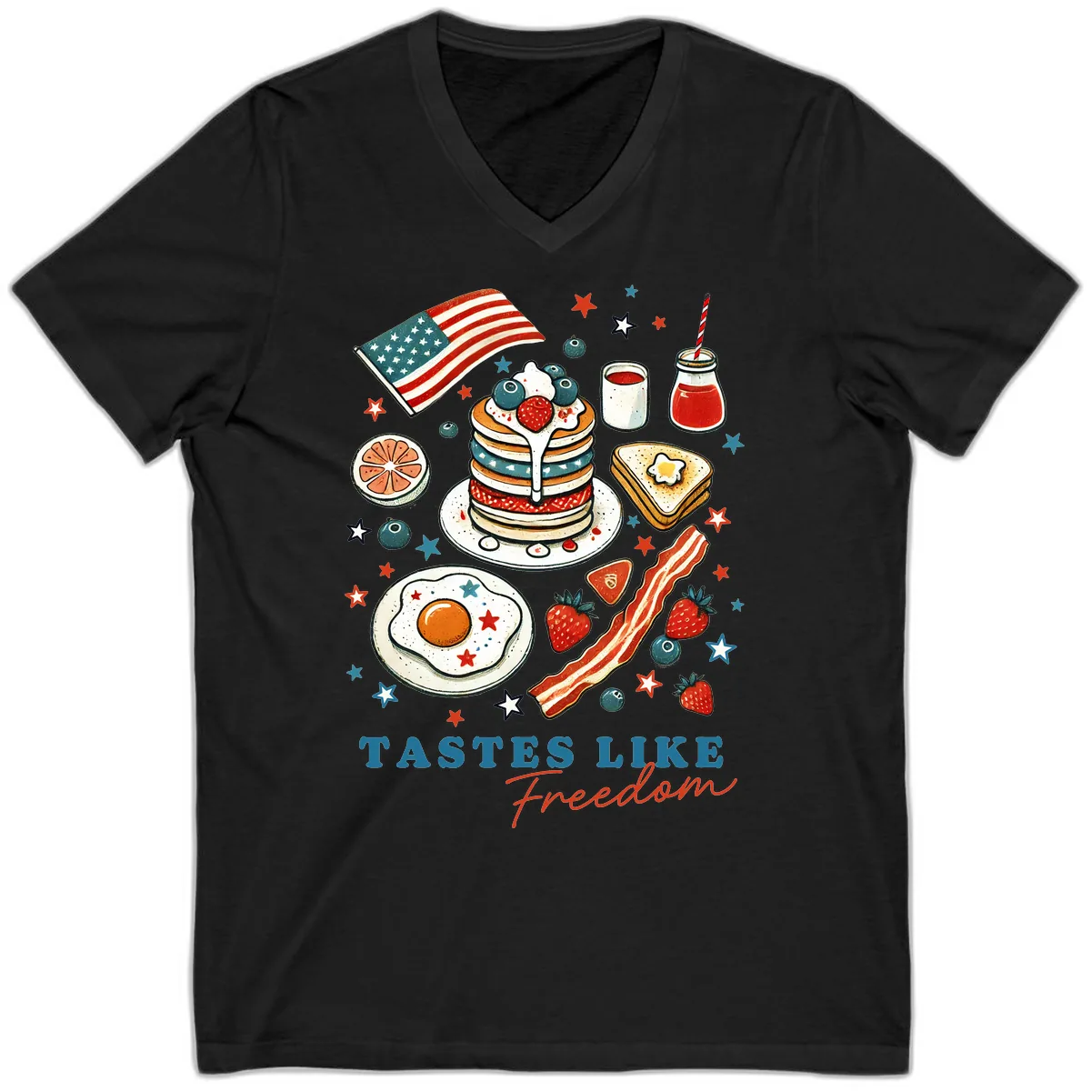 Patriotic Breakfast Tastes Like Freedom V-Neck in Black
