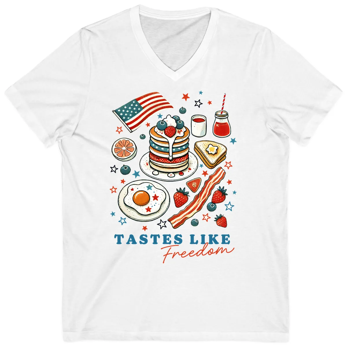 Patriotic Breakfast Tastes Like Freedom V-Neck in White