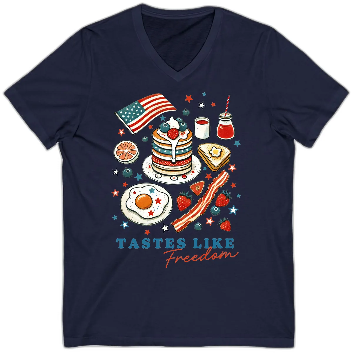 Patriotic Breakfast Tastes Like Freedom V-Neck in Navy