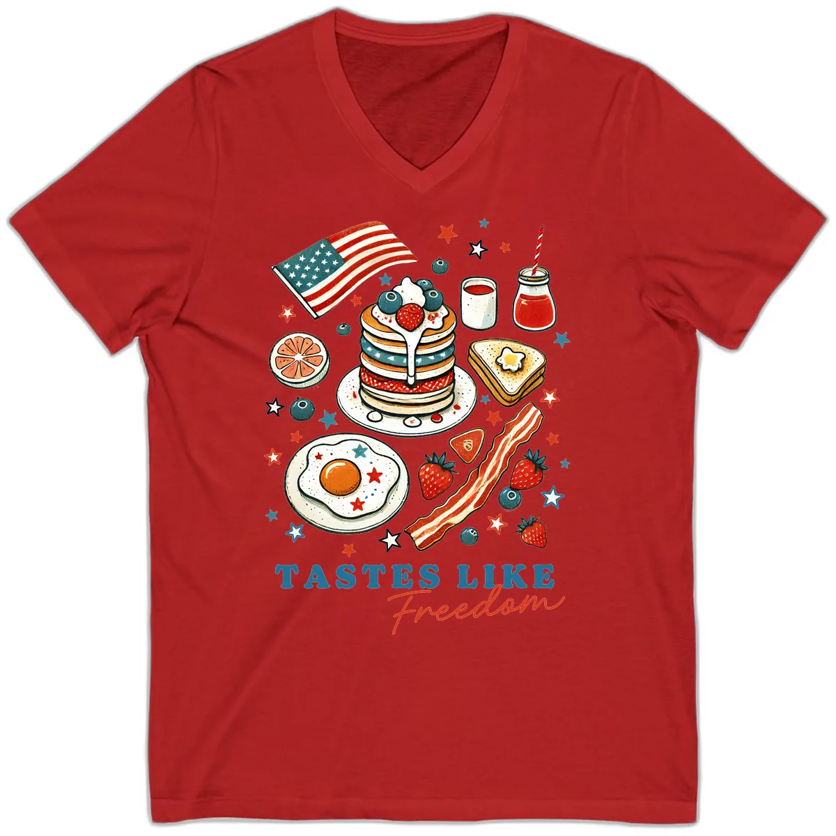 Patriotic Breakfast Tastes Like Freedom V-Neck in Red