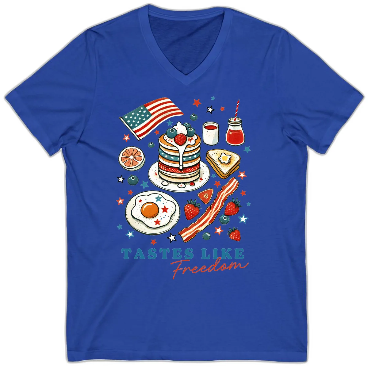 Patriotic Breakfast Tastes Like Freedom V-Neck in True Royal