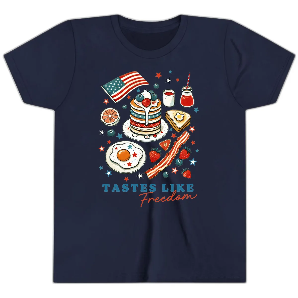 Patriotic Breakfast Tastes Like Freedom Youth T-Shirt in Navy