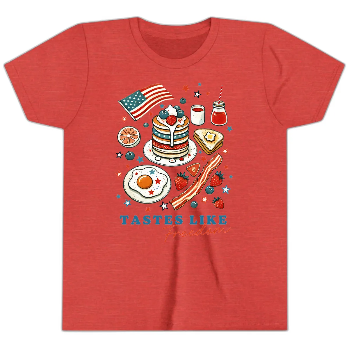 Patriotic Breakfast Tastes Like Freedom Youth T-Shirt in Heather Red