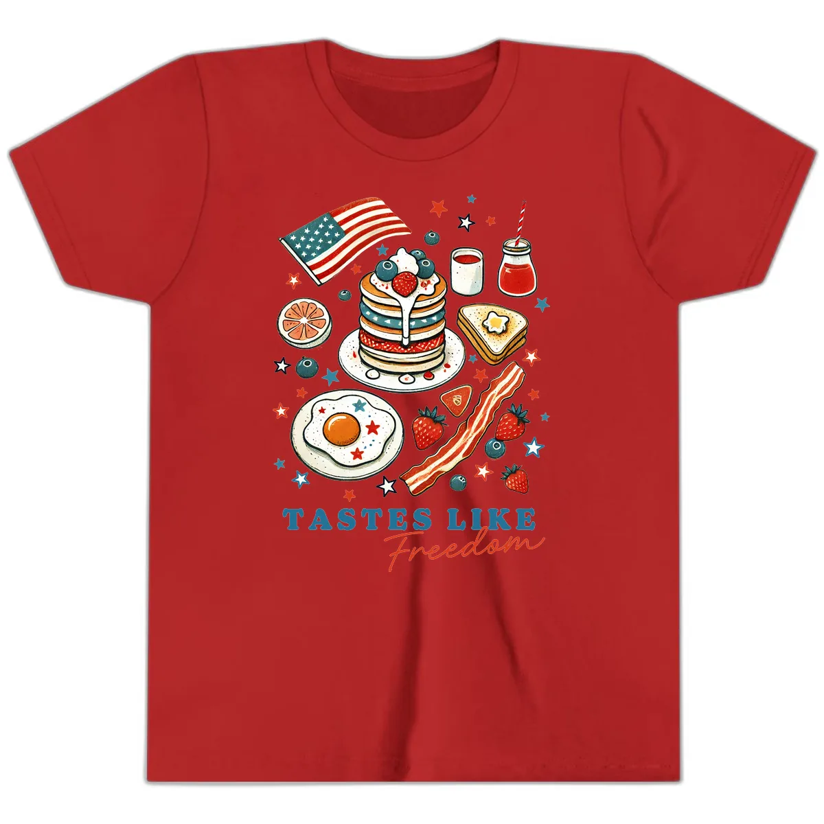 Patriotic Breakfast Tastes Like Freedom Youth T-Shirt in Red