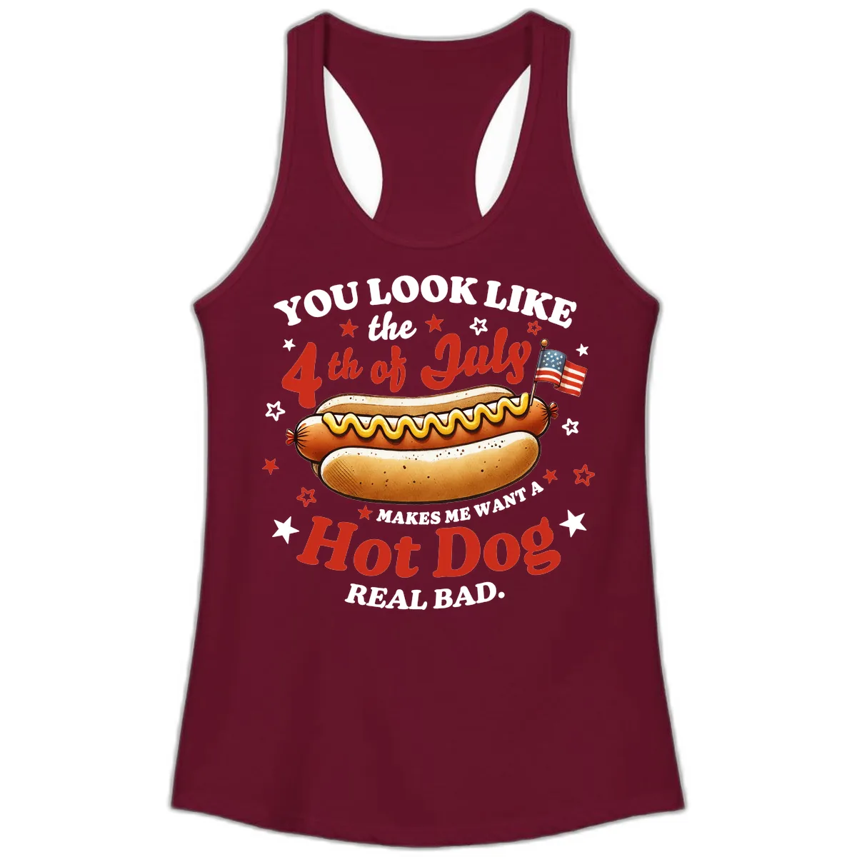 You Look Like the 4th of July Hot Dog Ladies Tank in Solid Cardinal Red