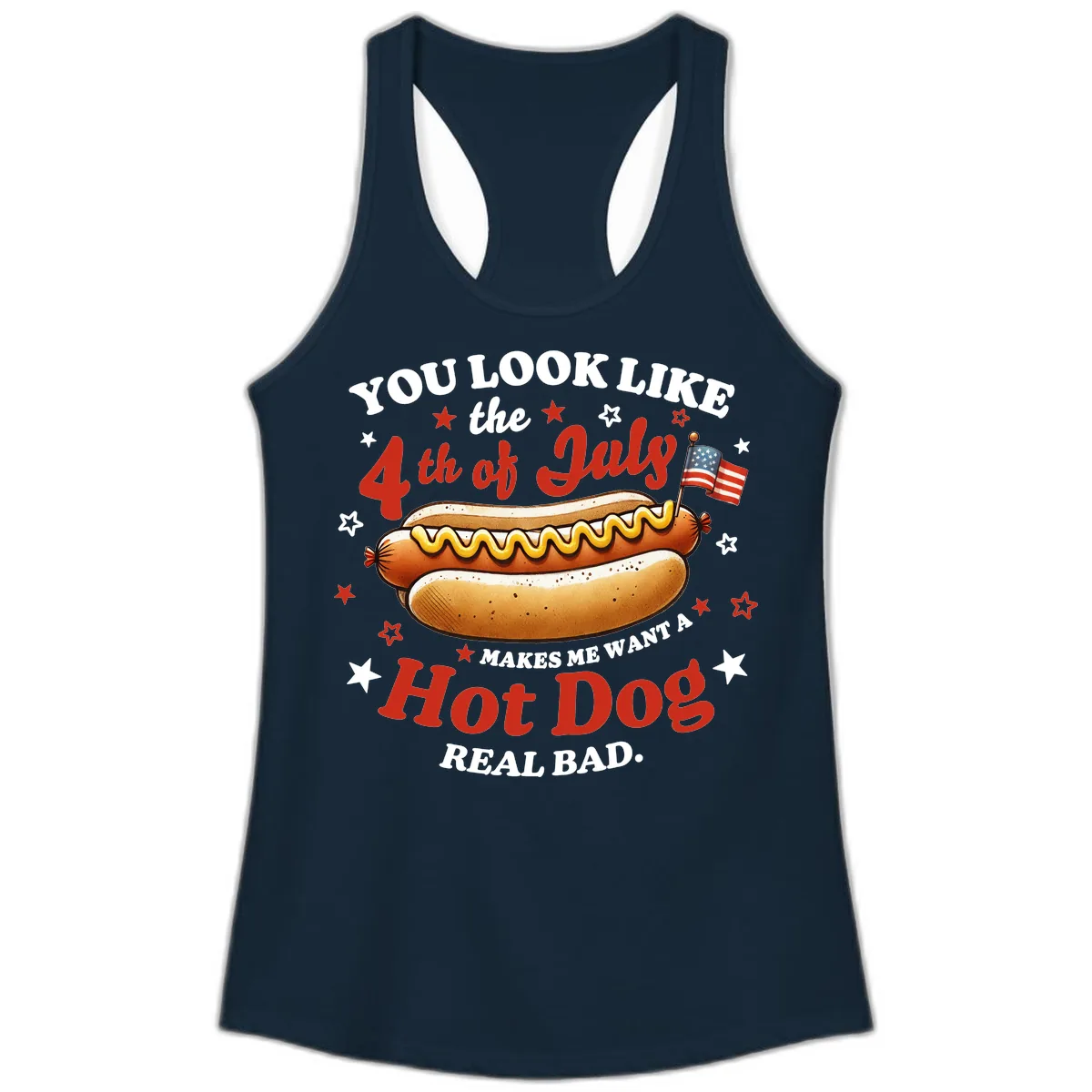 You Look Like the 4th of July Hot Dog Ladies Tank in Solid Midnight Navy