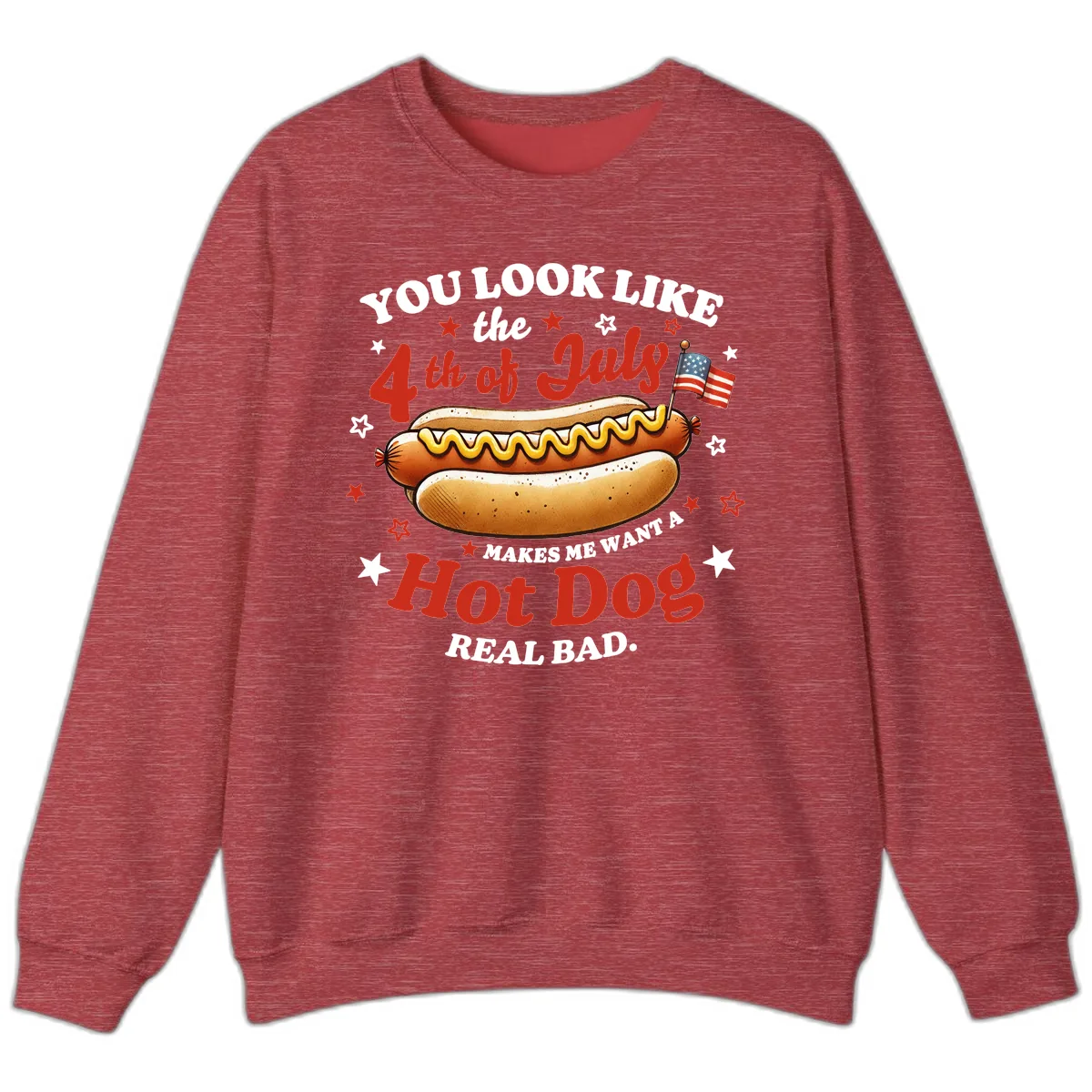 You Look Like the 4th of July Hot Dog Sweatshirt in Heather Scarlet Red