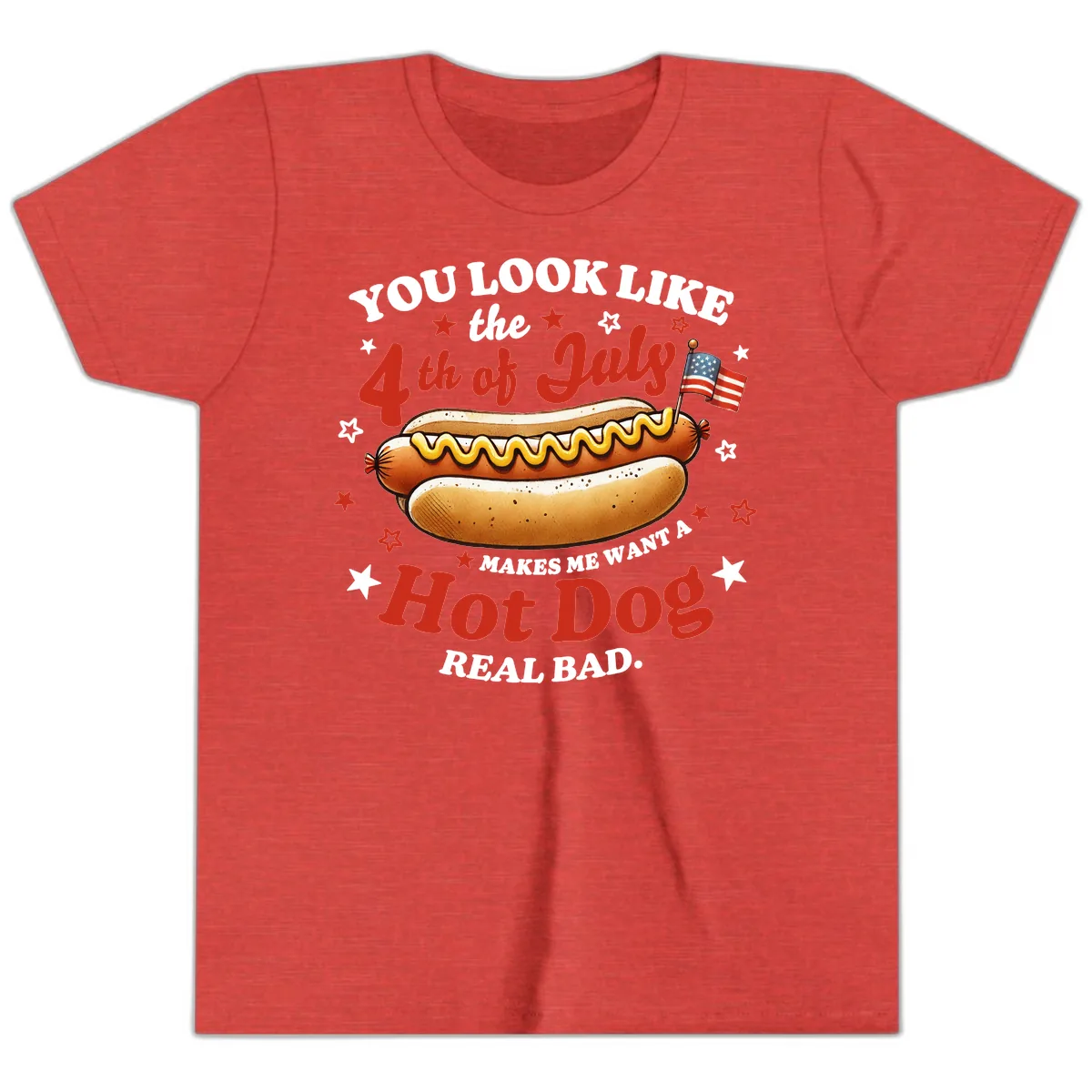 You Look Like the 4th of July Hot Dog Youth T-Shirt in Heather Red