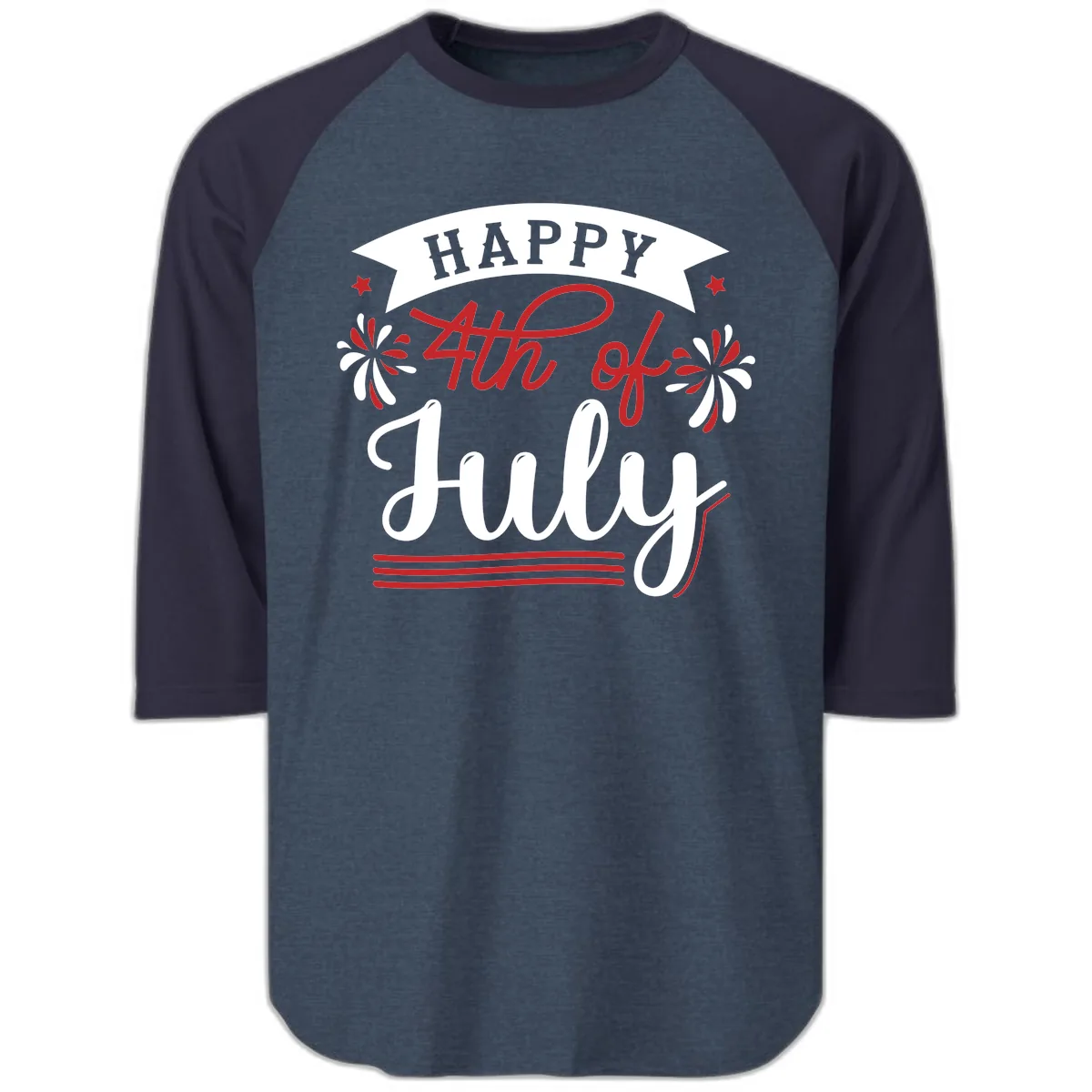Happy Fourth Of July Celebration Design Raglan 3/4 in Heather Denim Navy