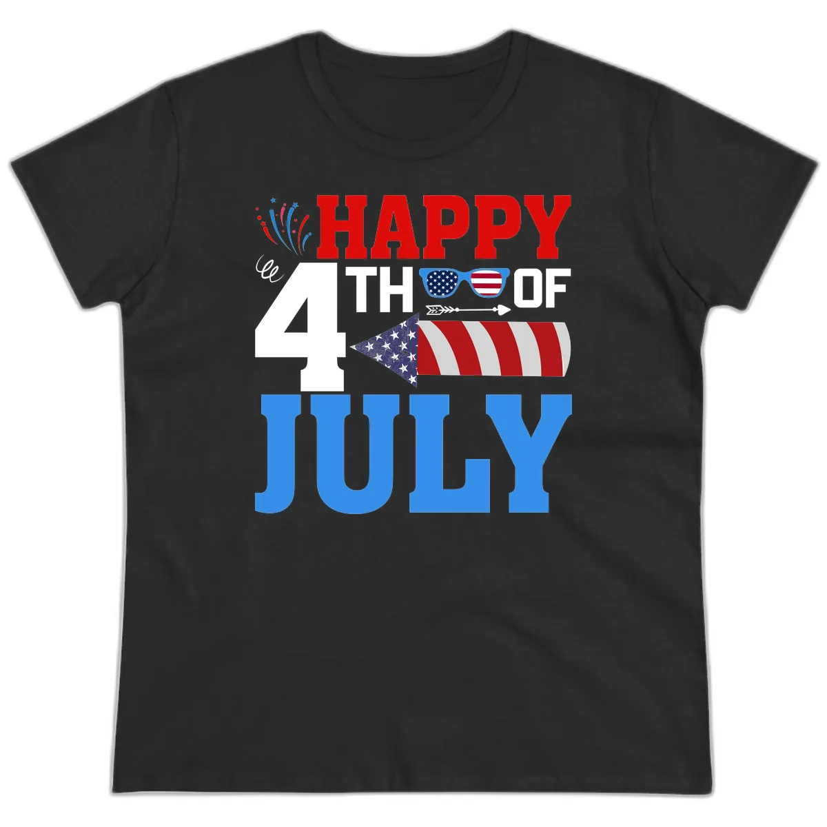 Happy 4th of July Celebration Fireworks Ladies Tee in Black