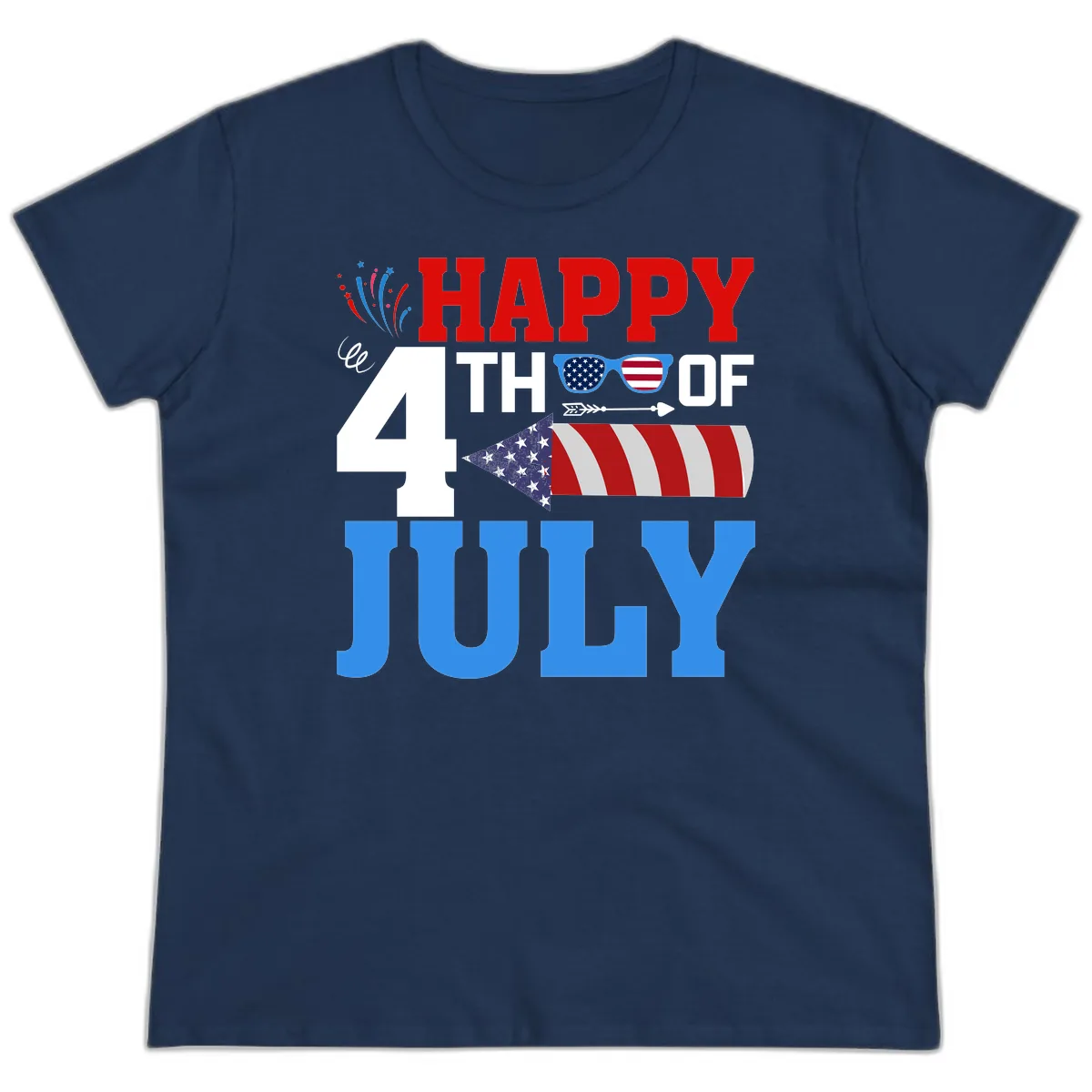 Happy 4th of July Celebration Fireworks Ladies Tee in Navy