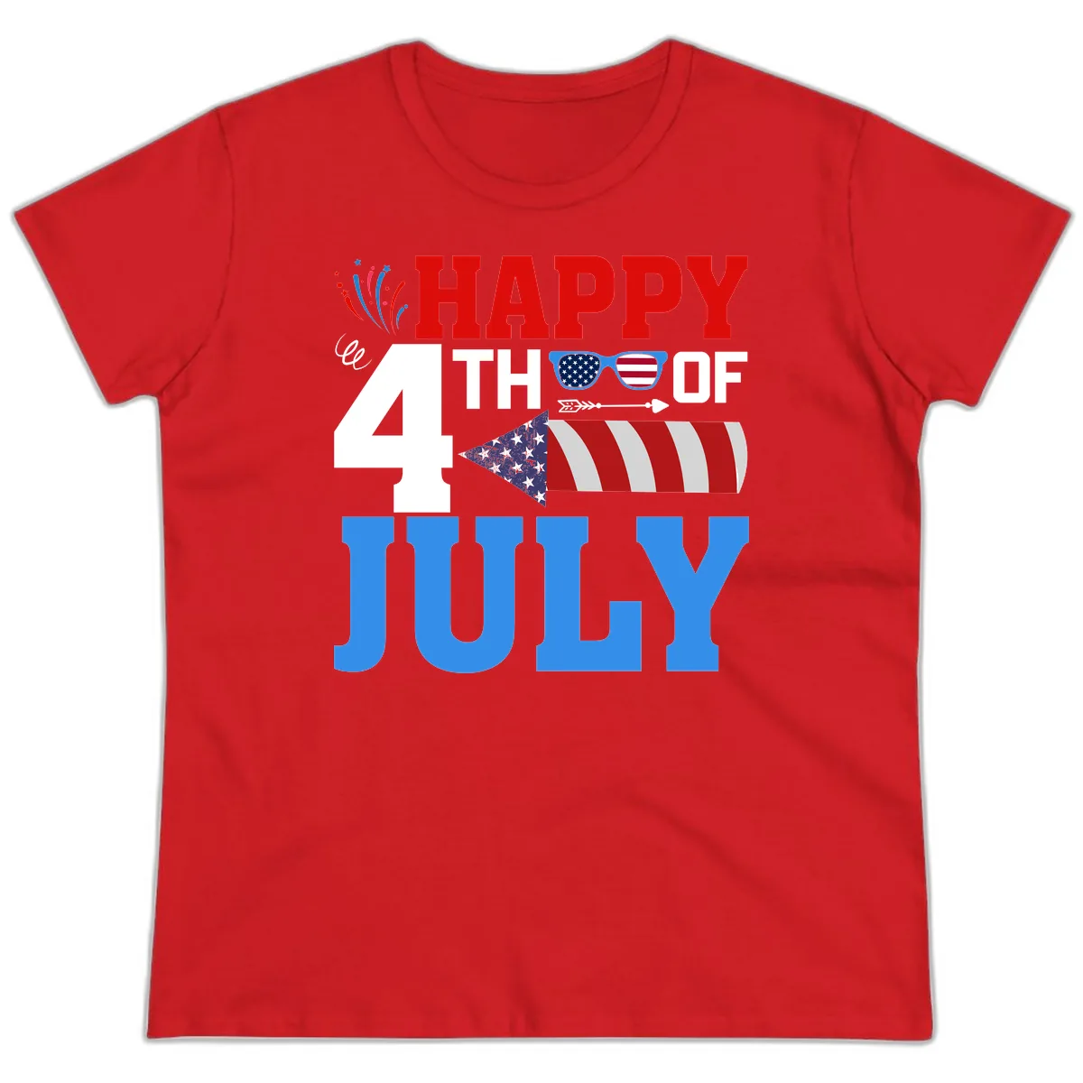 Happy 4th of July Celebration Fireworks Ladies Tee in Red