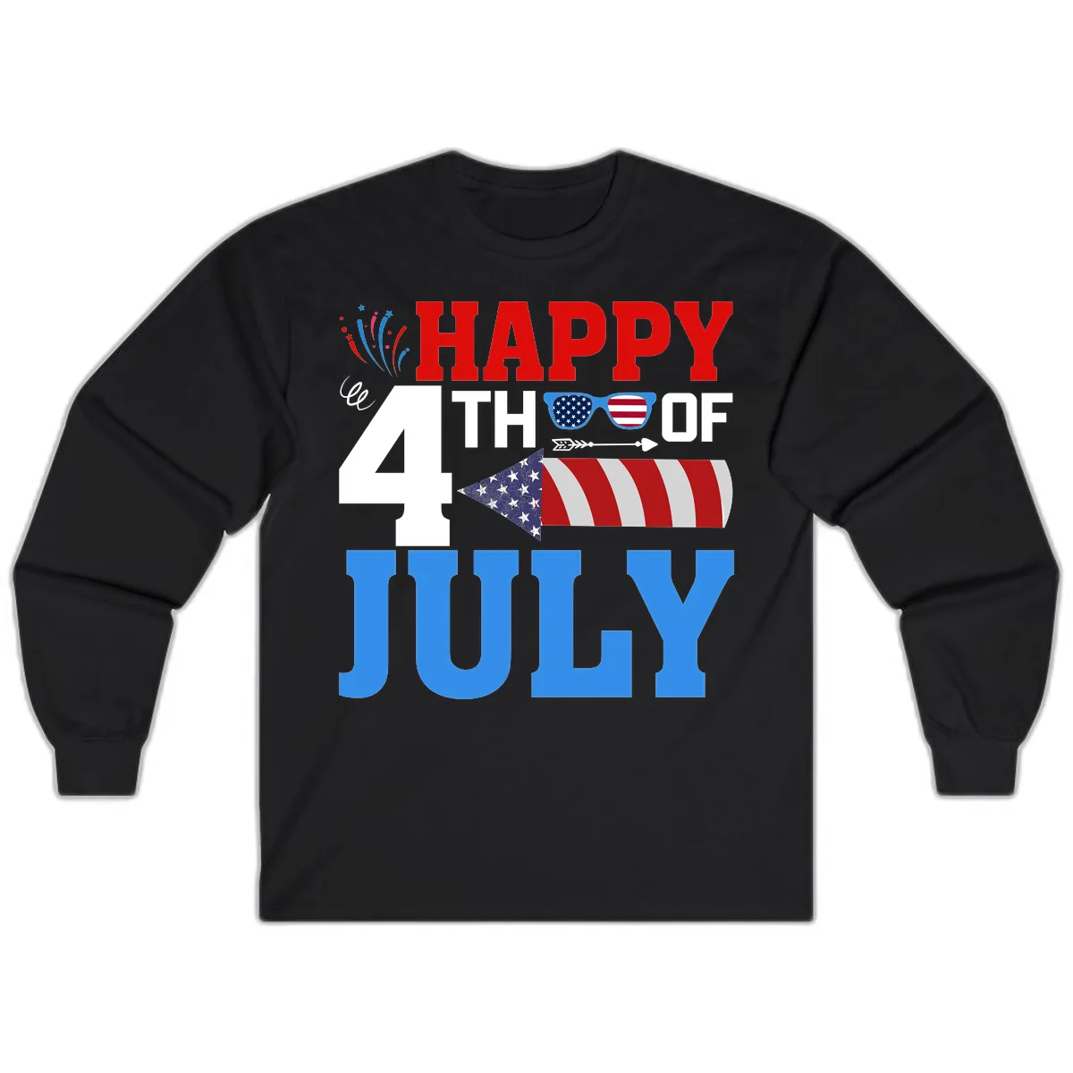 Happy 4th of July Celebration Fireworks Long Sleeve in Black