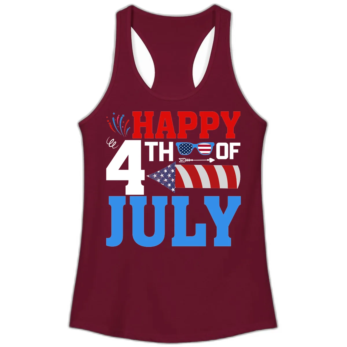 Happy 4th of July Celebration Fireworks Ladies Tank in Solid Cardinal Red