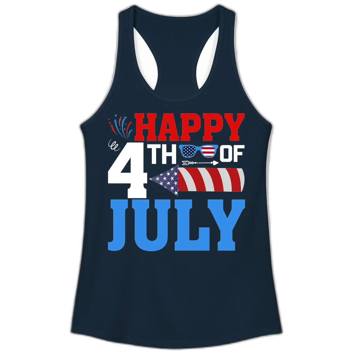 Happy 4th of July Celebration Fireworks Ladies Tank in Solid Midnight Navy