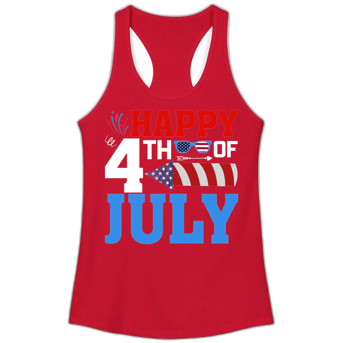 Happy 4th of July Celebration Fireworks Ladies Tank in Solid Red