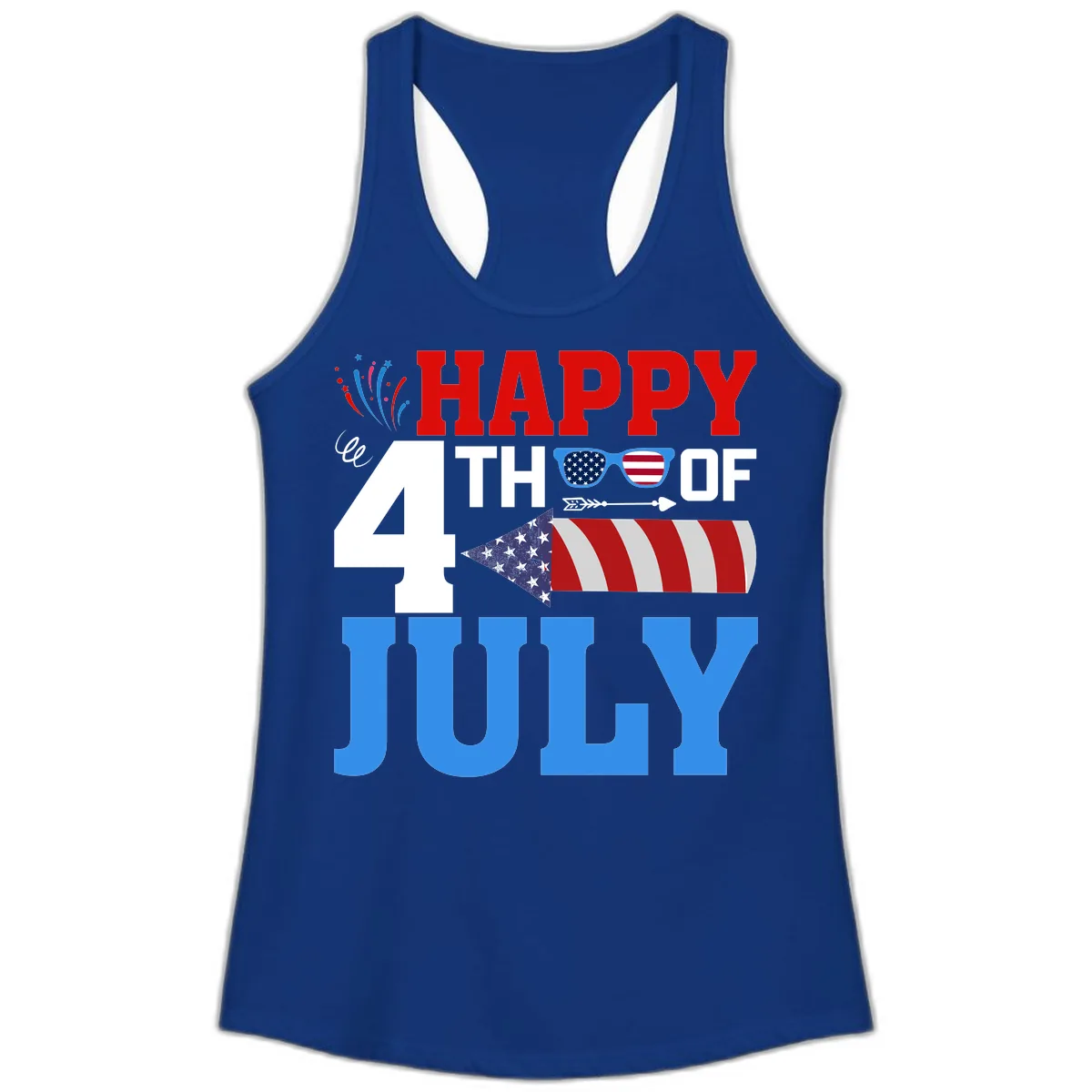 Happy 4th of July Celebration Fireworks Ladies Tank in Solid Royal