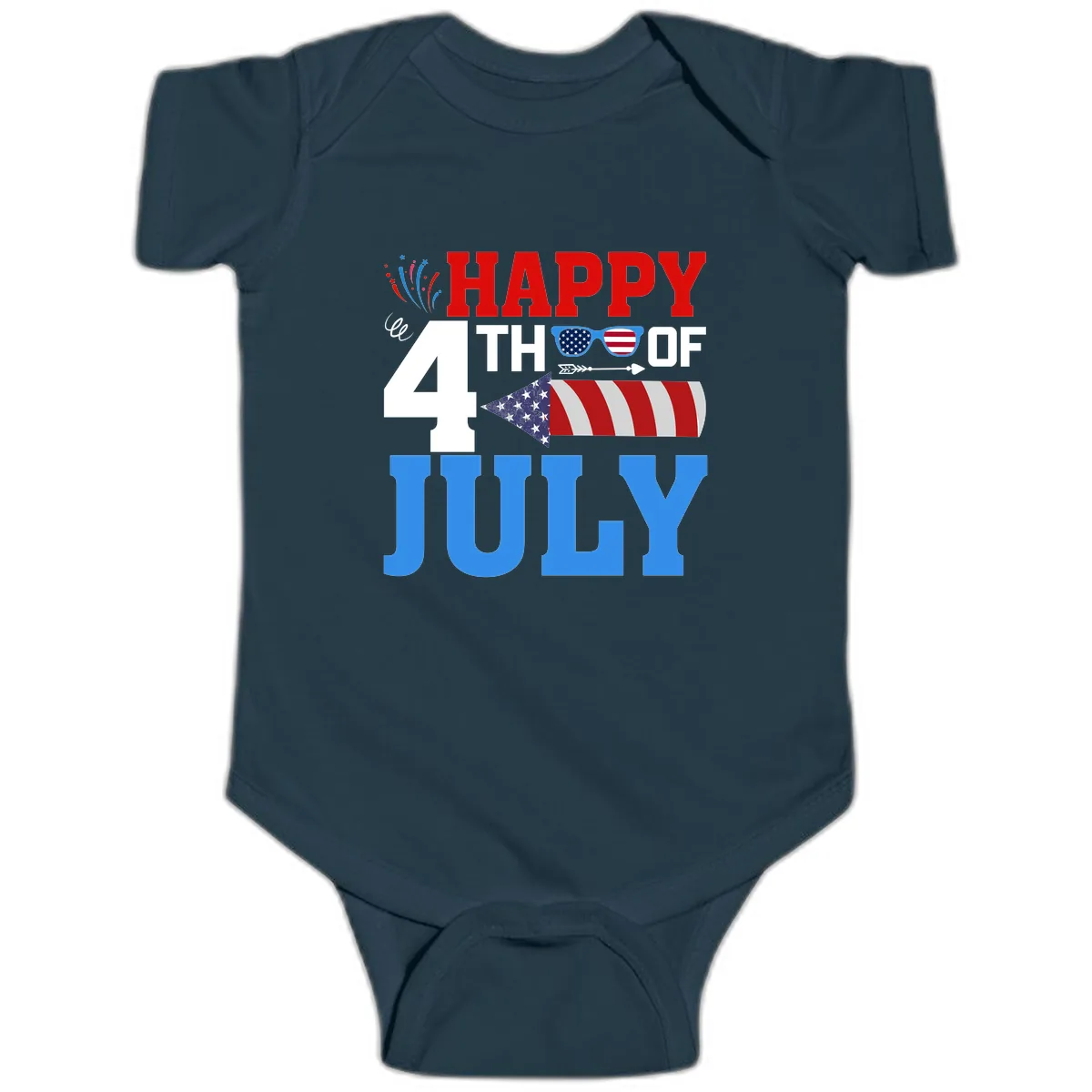 Happy 4th of July Celebration Fireworks Baby Onesie in Navy