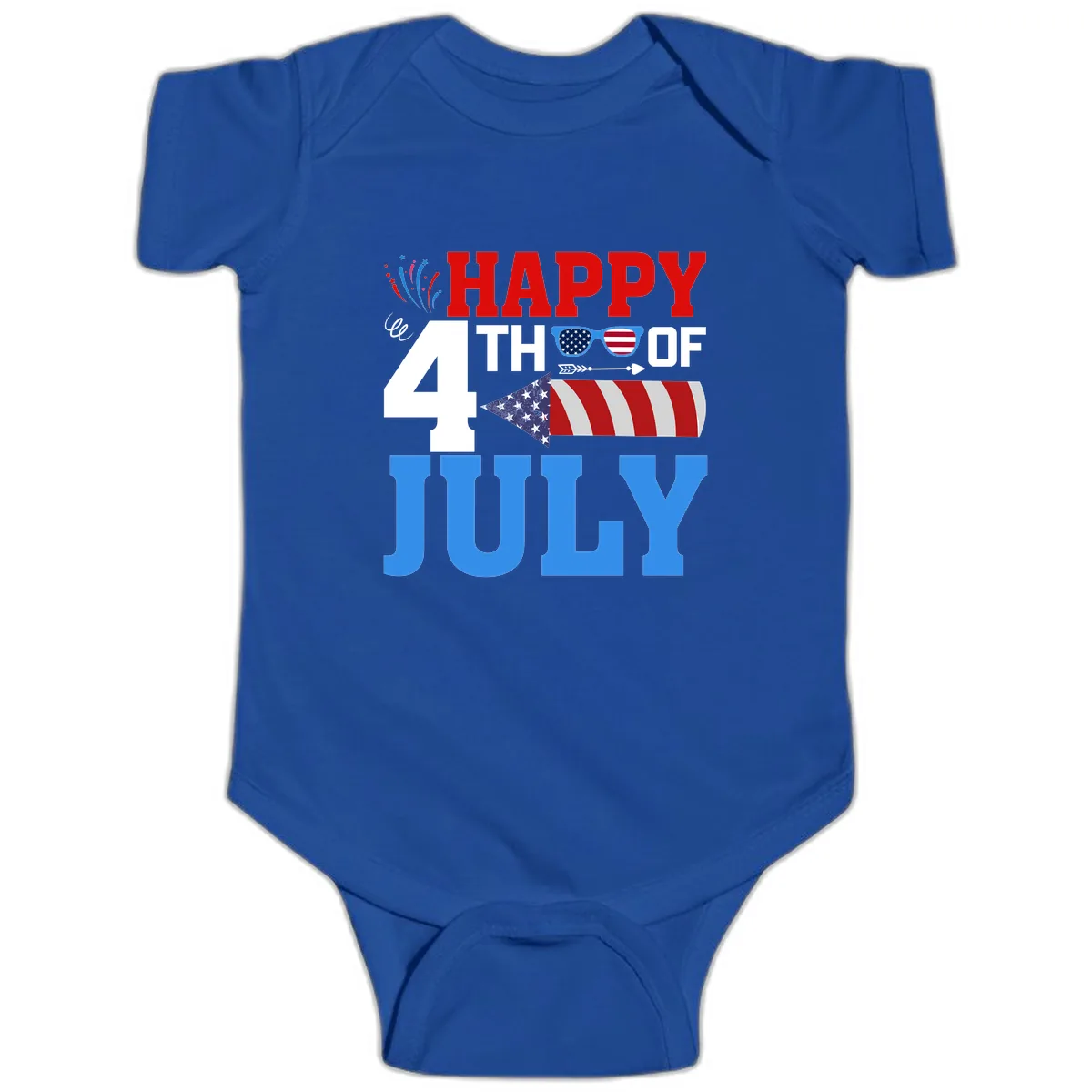 Happy 4th of July Celebration Fireworks Baby Onesie in Royal