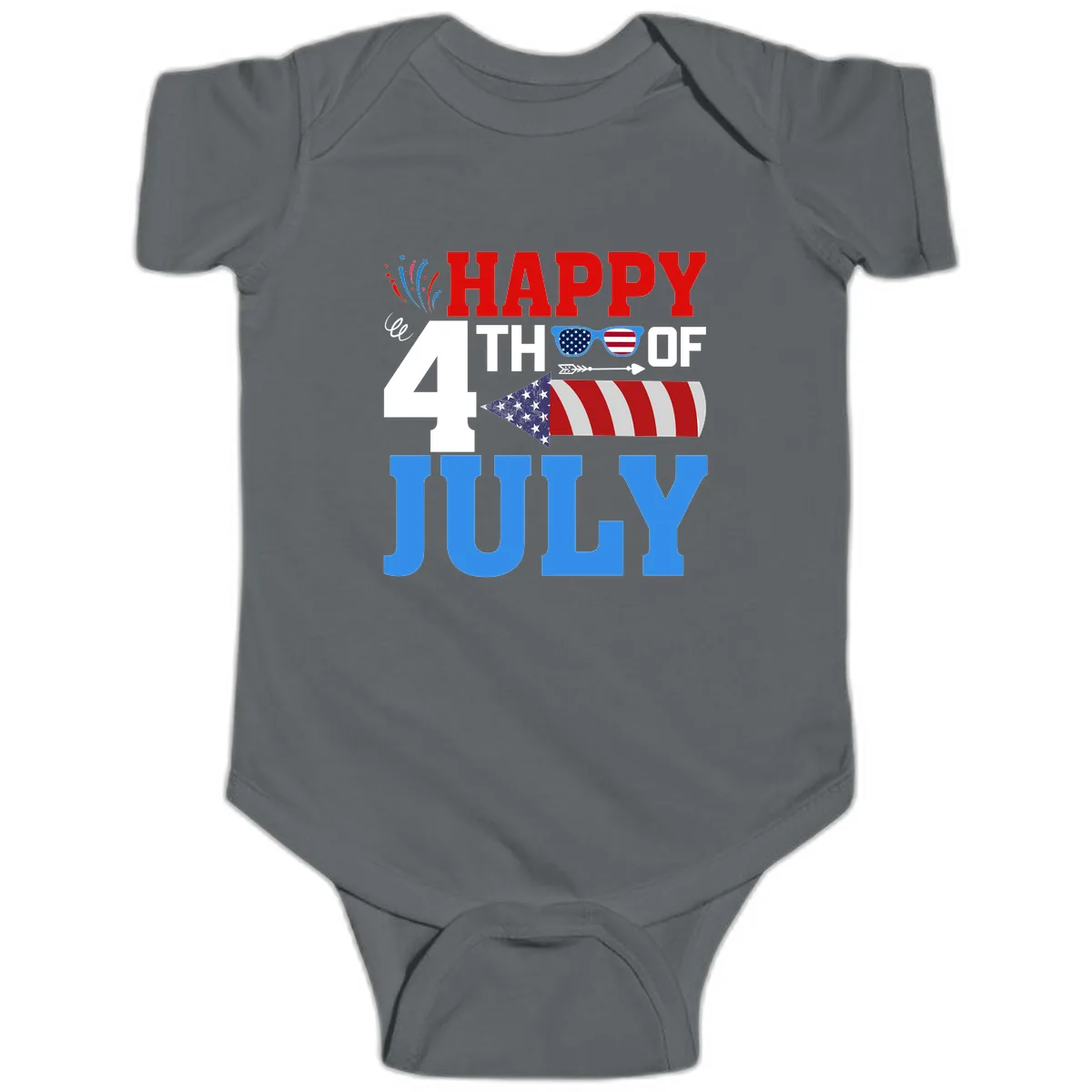 Happy 4th of July Celebration Fireworks Baby Onesie in Charcoal