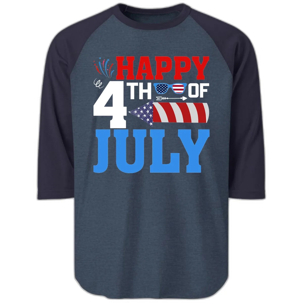 Happy 4th of July Celebration Fireworks Raglan 3/4 in Heather Denim Navy
