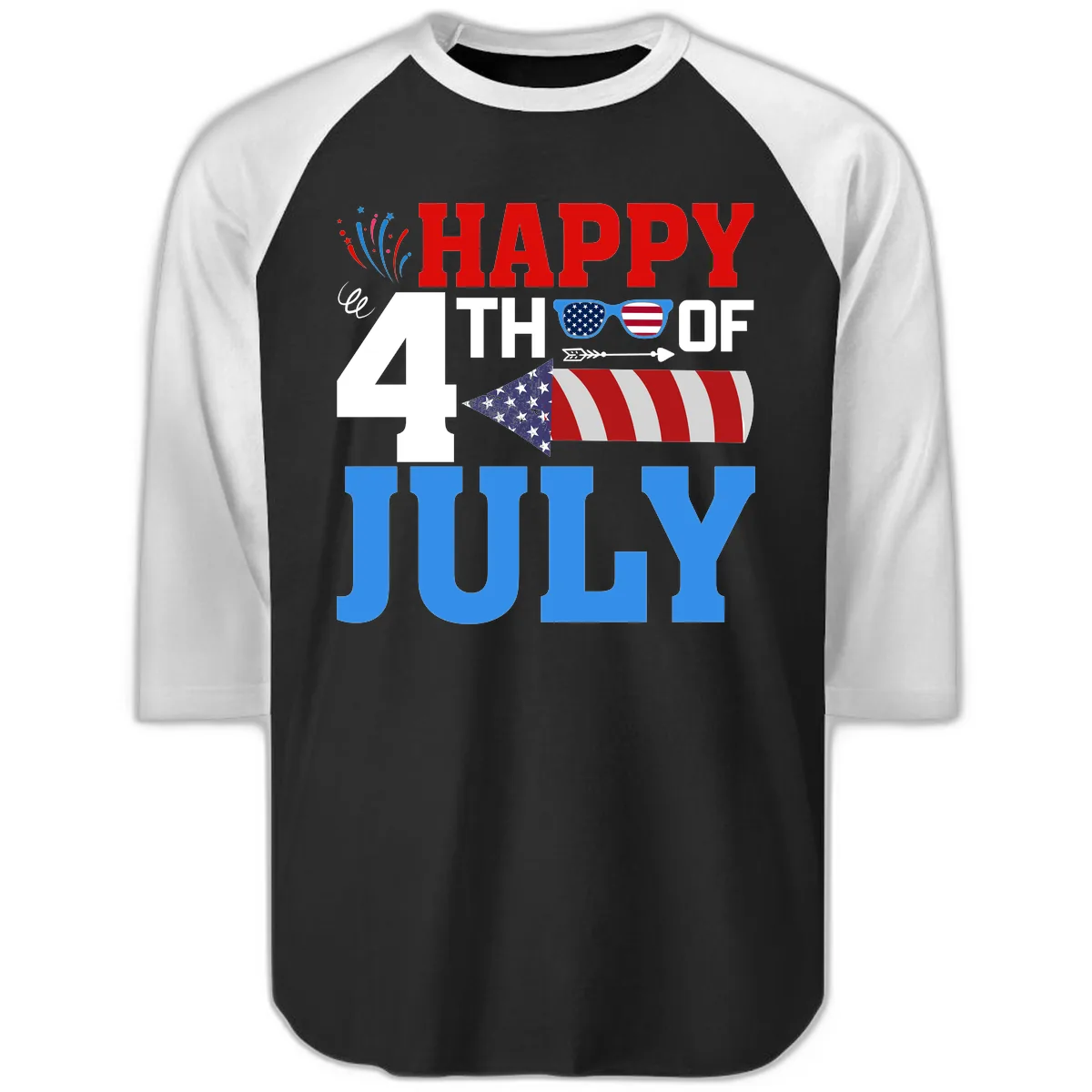 Happy 4th of July Celebration Fireworks Raglan 3/4 in Black White