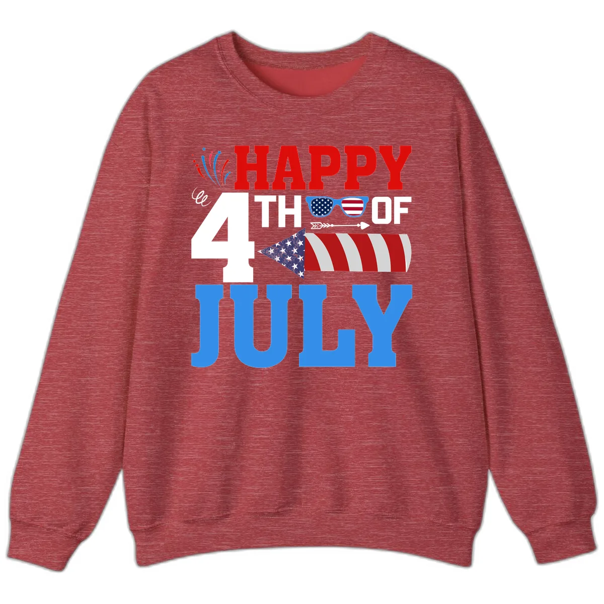 Happy 4th of July Celebration Fireworks Sweatshirt in Heather Scarlet Red
