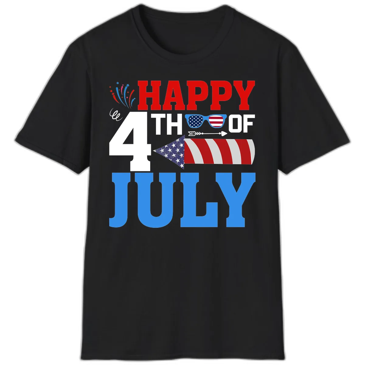 Happy 4th of July Celebration Fireworks T-Shirt in Black