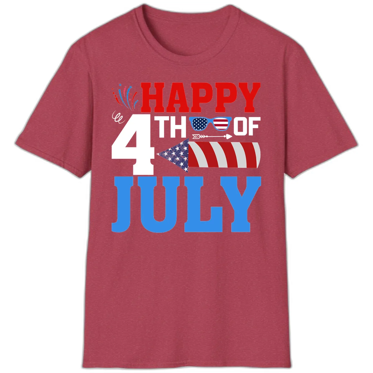 Happy 4th of July Celebration Fireworks T-Shirt in Heather Cardinal