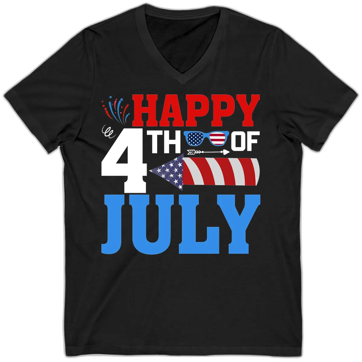 Happy 4th of July Celebration Fireworks V-Neck in Black